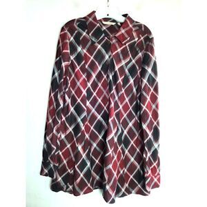 Soft Surroundings Red Black Grey Plaid Wool Blend Button Up Tunic Blouse Large